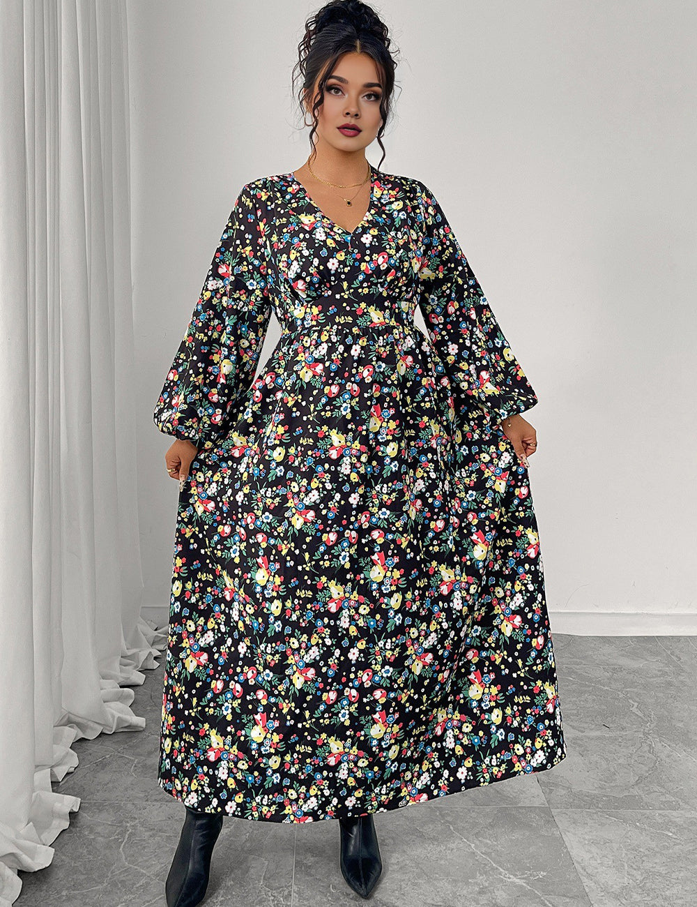 Women Plus Size Floral Print V-Neck High Waist Dress