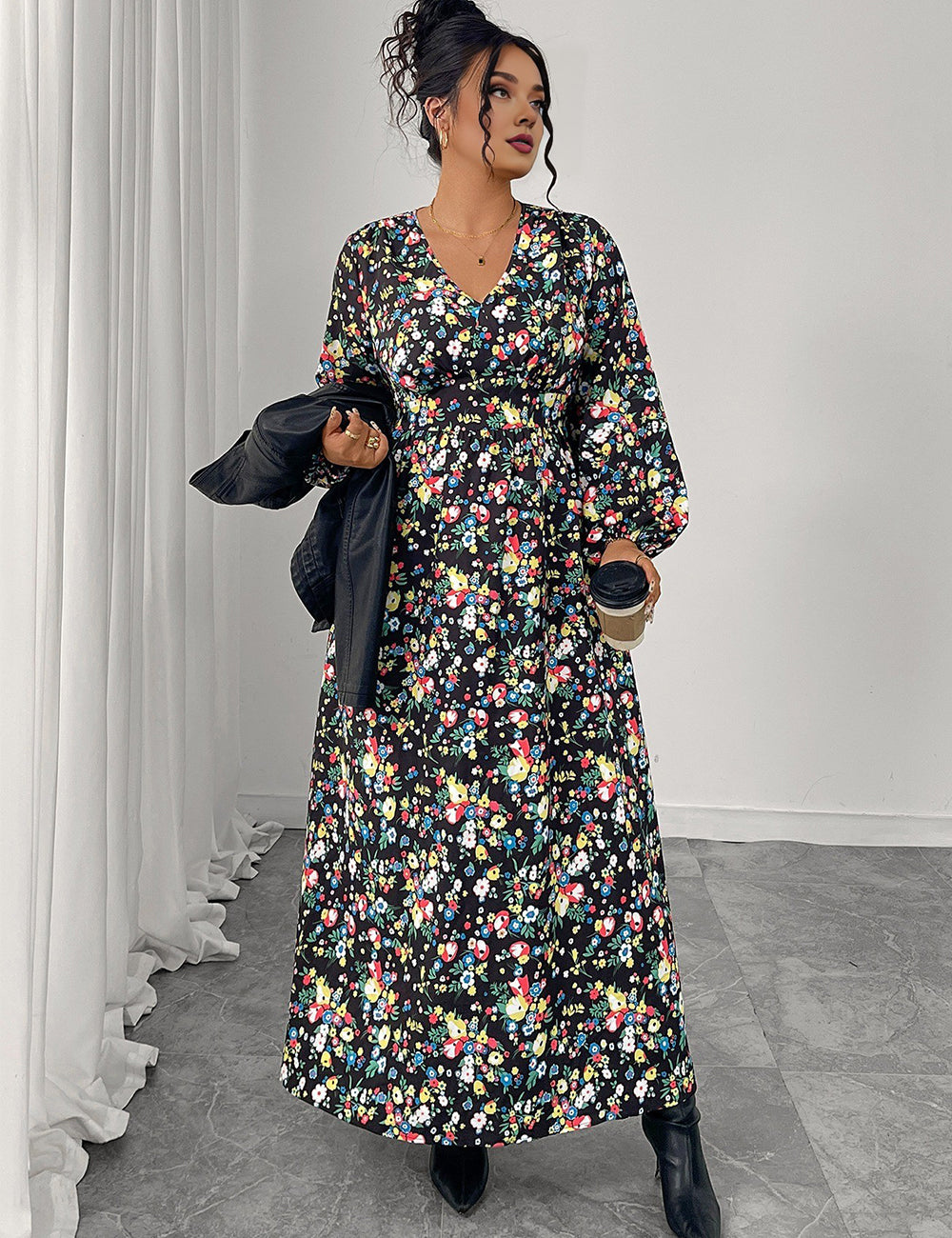 Women Plus Size Floral Print V-Neck High Waist Dress