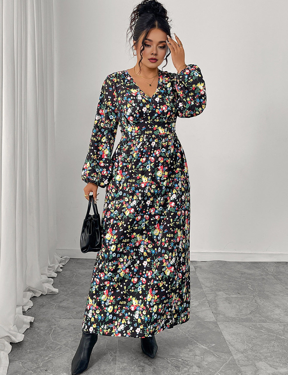 Women Plus Size Floral Print V-Neck High Waist Dress
