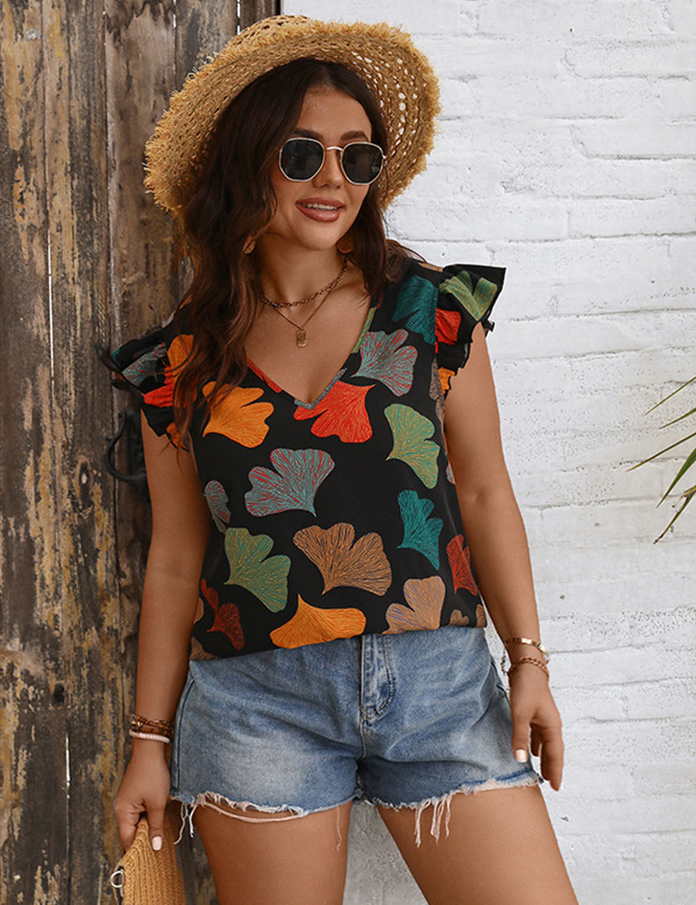 Women Plus Size Floral Printed Flying Sleeves Blouse | PRUSES