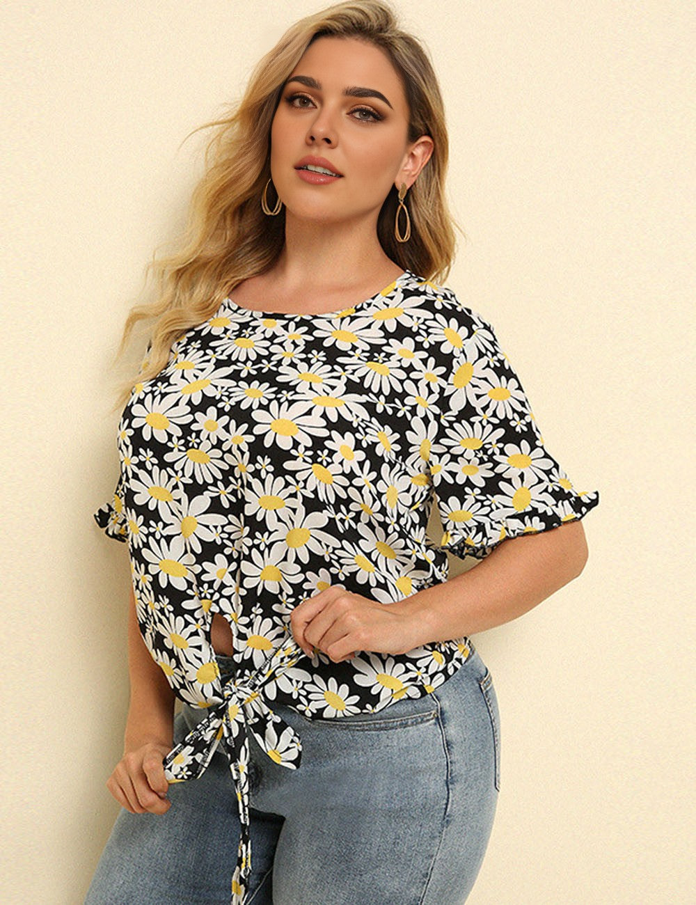 Women_Plus_Size_Floral_Printed_Tops_Ruffles_Short_Sleeve_PRUSES_1
