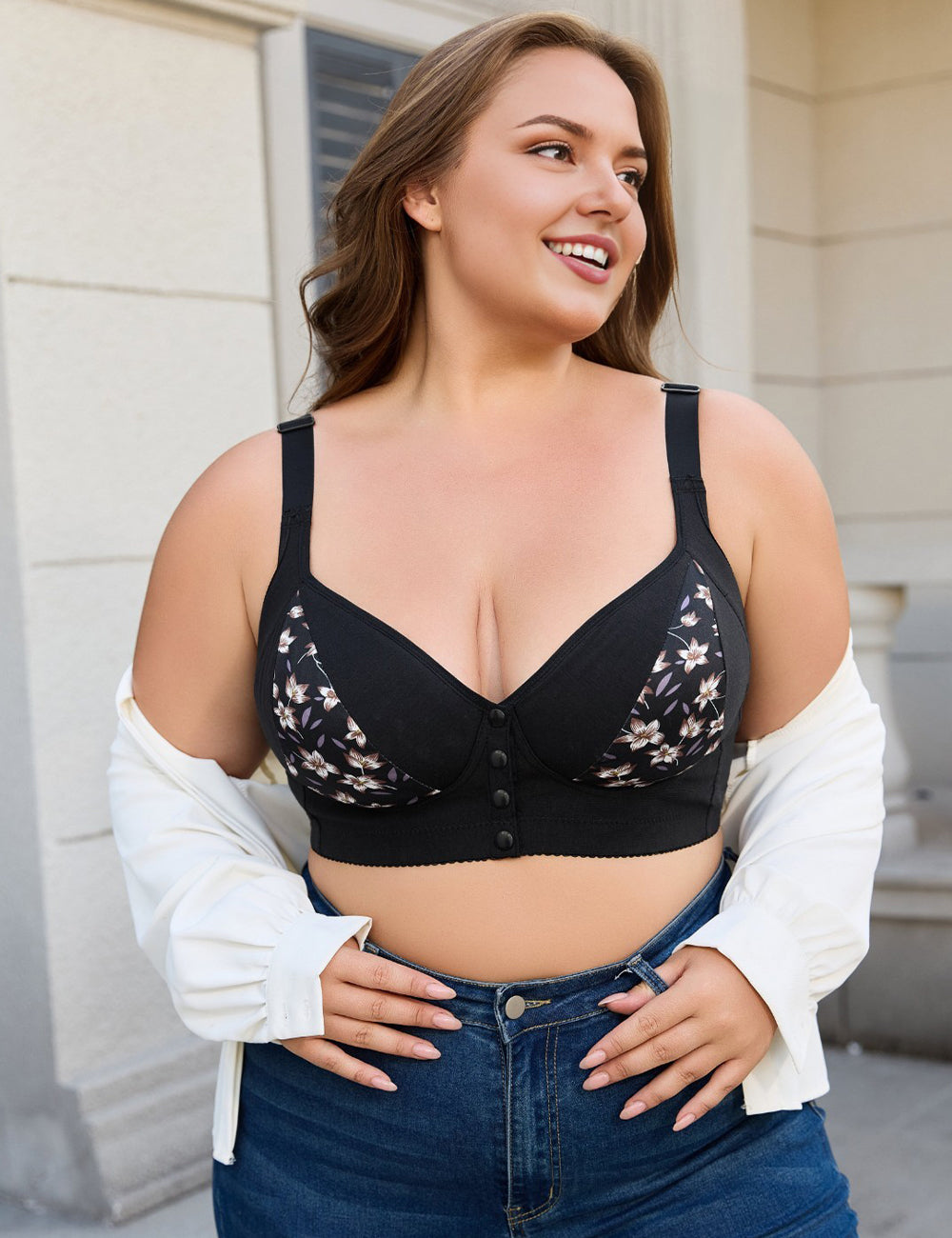 Women Plus Size Floral Push-Up Front-Closure Bra