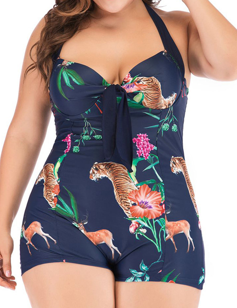 Women Plus Size Floral Ruffle Tummy Control Swimsuit-6