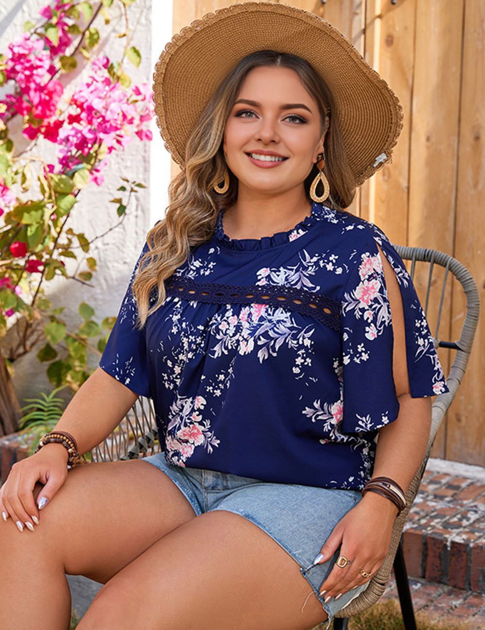 Women Plus Size Drak Blue Floral Short Sleeve Blouse Tops