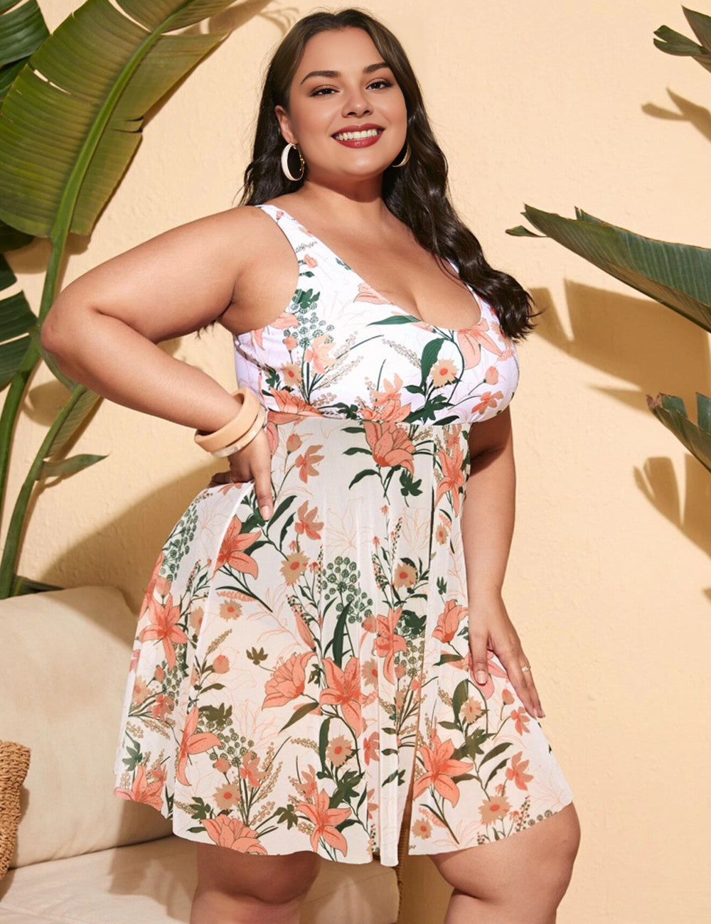 Women Plus Size Floral skirt One Piece Swimsuit