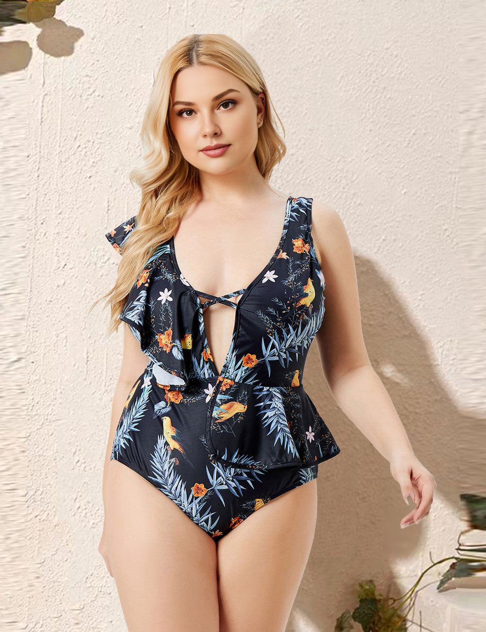 Women Plus Size Flowers and birds print one-piece swimsuit-5