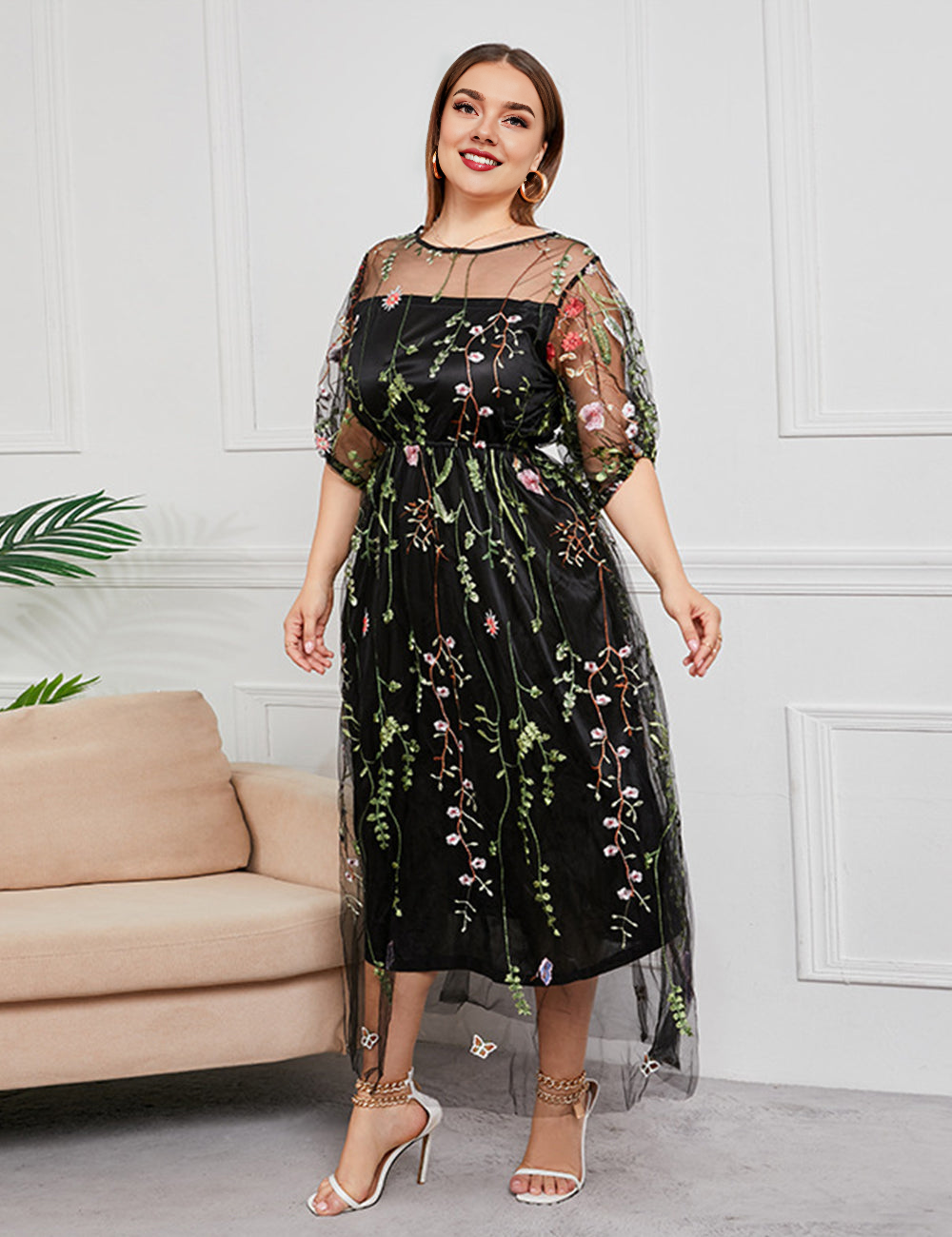 Women Plus Size French Hepburn Style Lace Dress-7