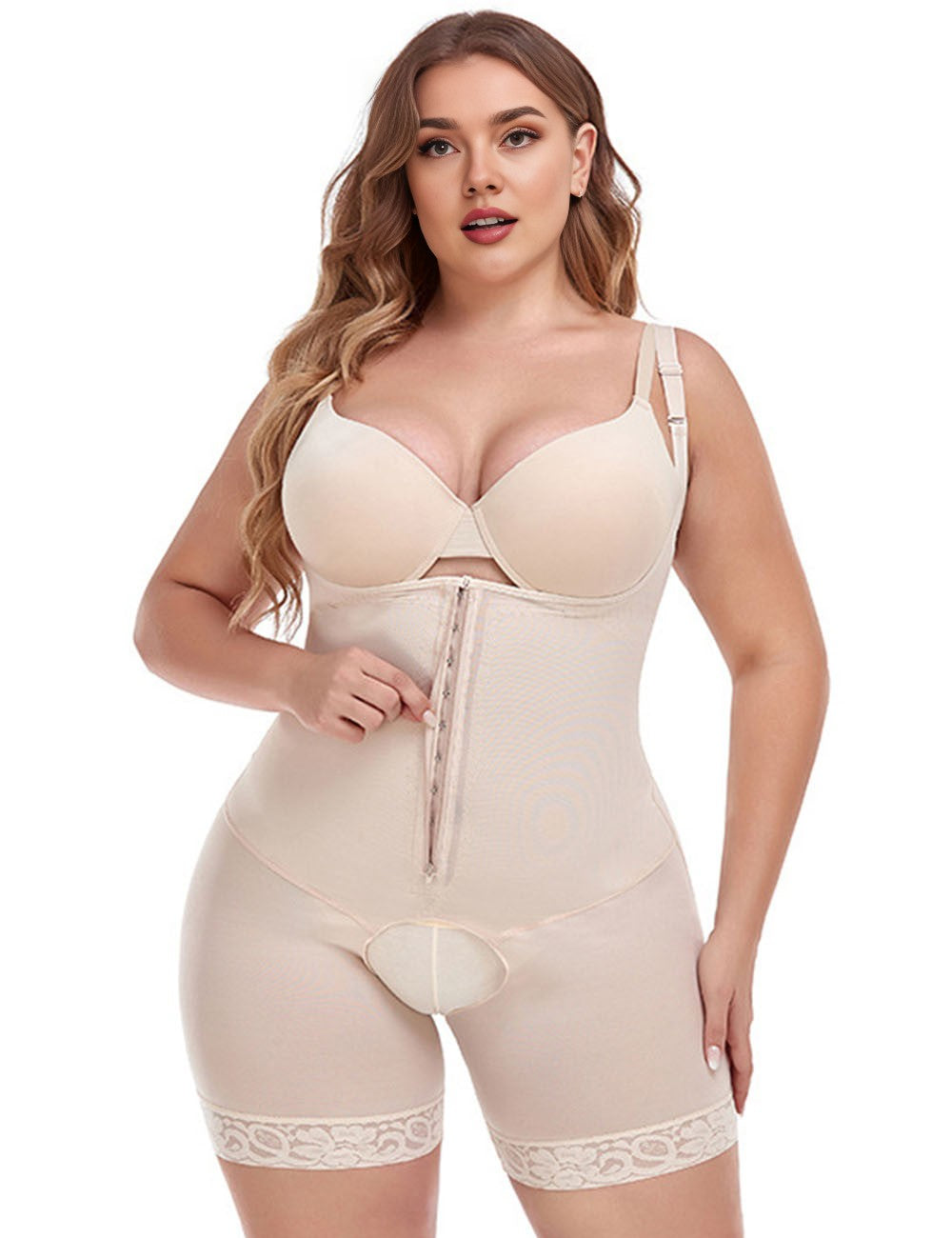 Women Plus Size Beige Front Zipper Open Bust Shapewear