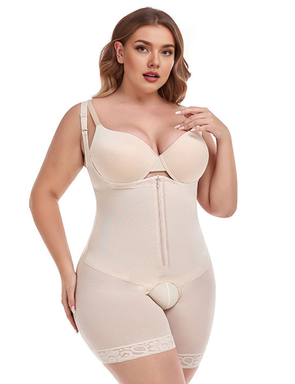 Women Plus Size Beige Front Zipper Open Bust Shapewear