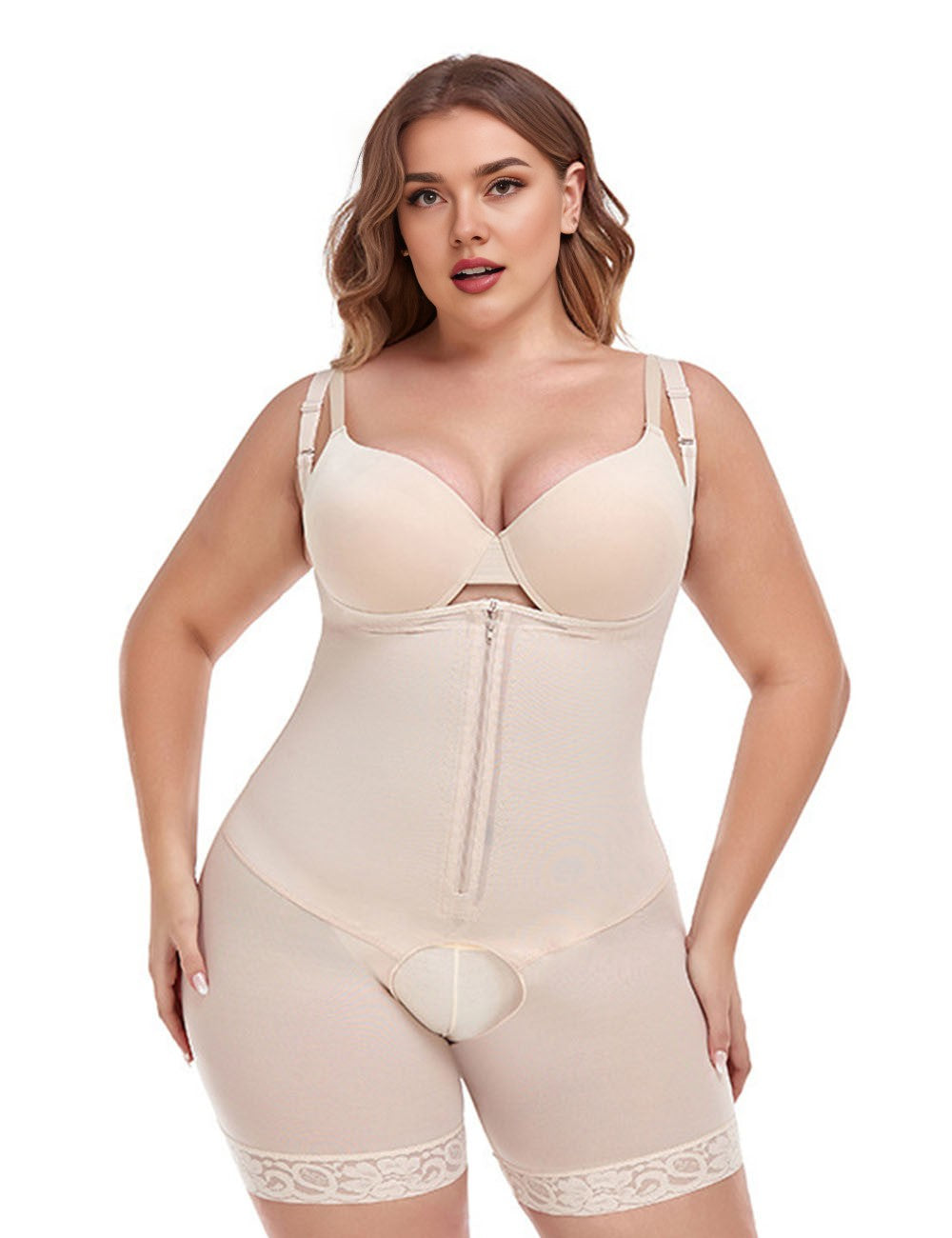 Women Plus Size Beige Front Zipper Open Bust Shapewear