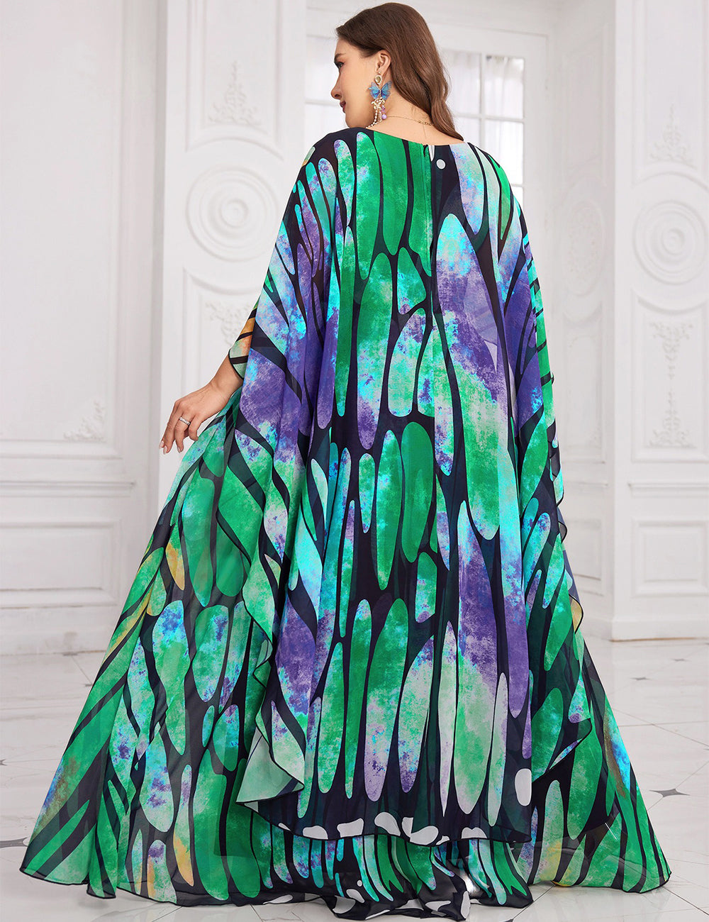 Women Plus Size Glamorous Beaded Waist Butterfly Cape Evening Dress