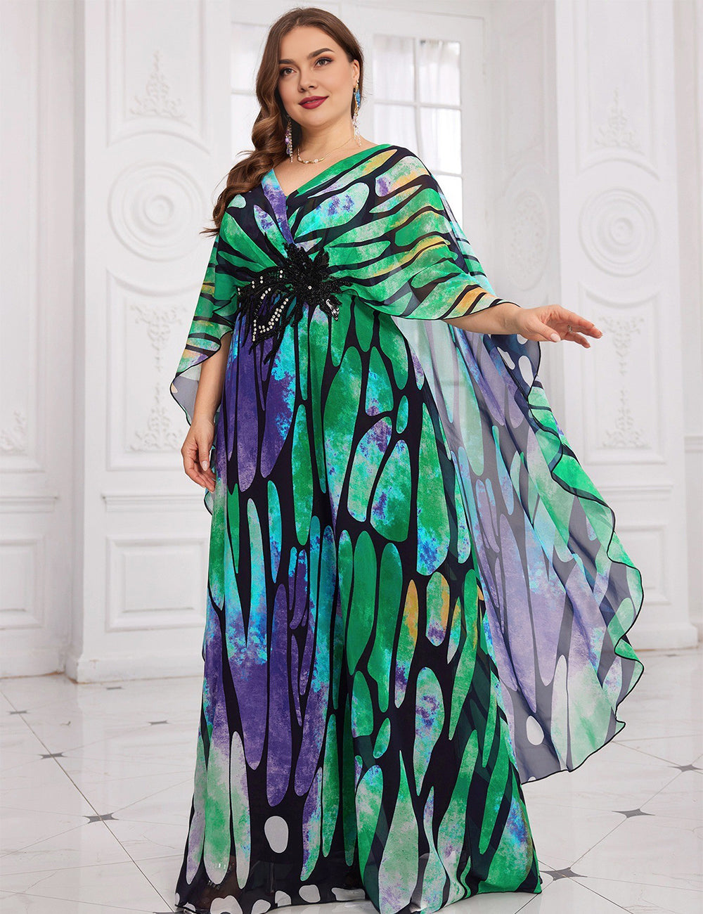 Women Plus Size Glamorous Beaded Waist Butterfly Cape Evening Dress