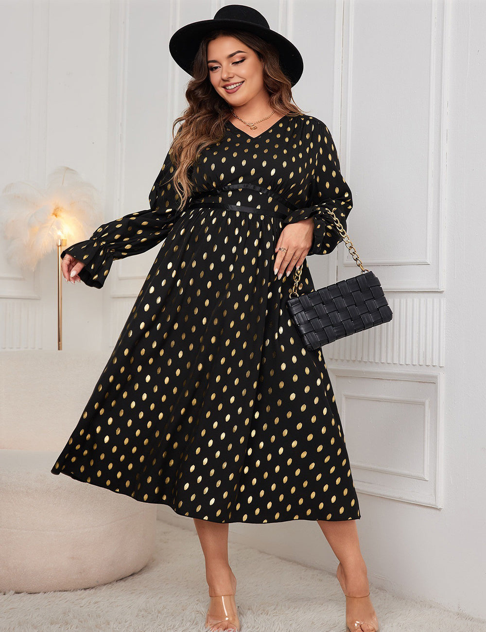 Women Plus Size Gold Dot Print Lantern Sleeve Dress