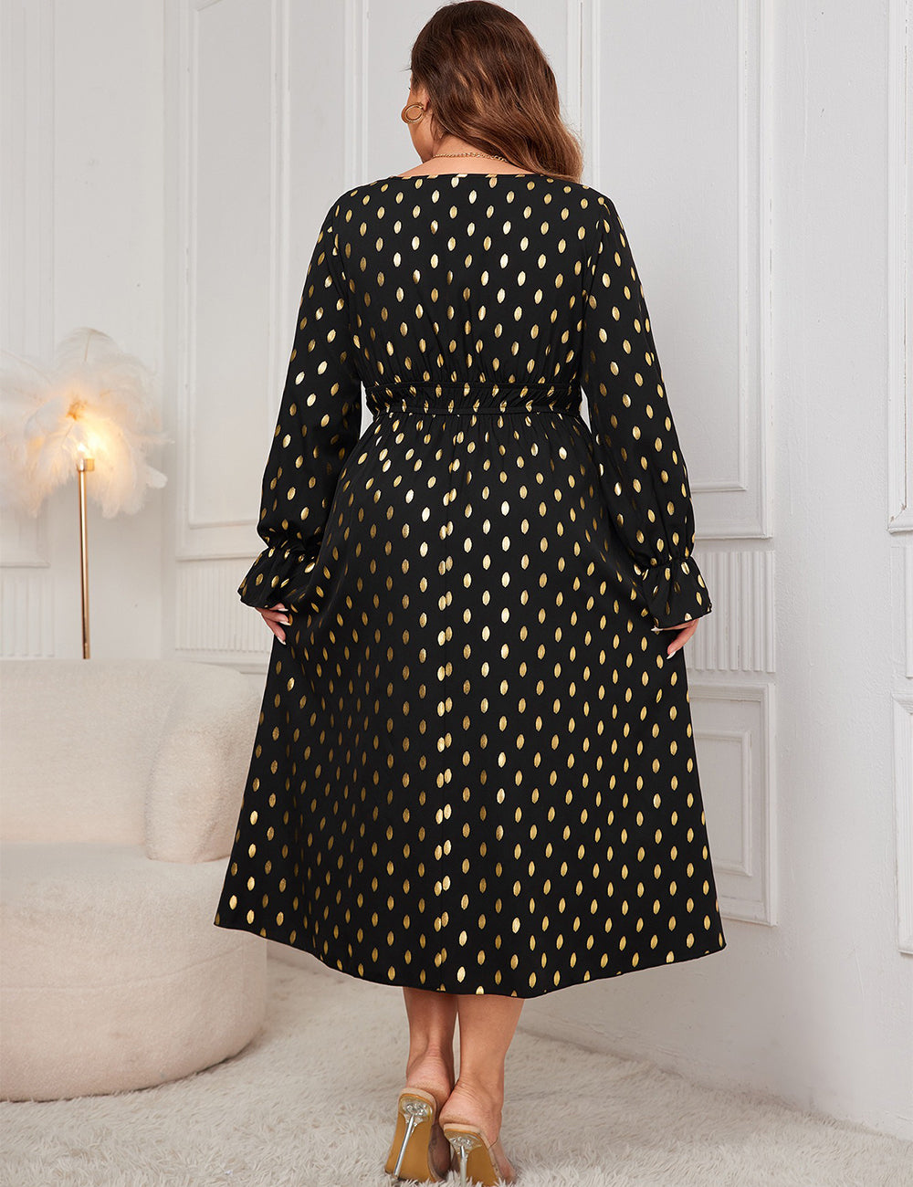 Women Plus Size Gold Dot Print Lantern Sleeve Dress