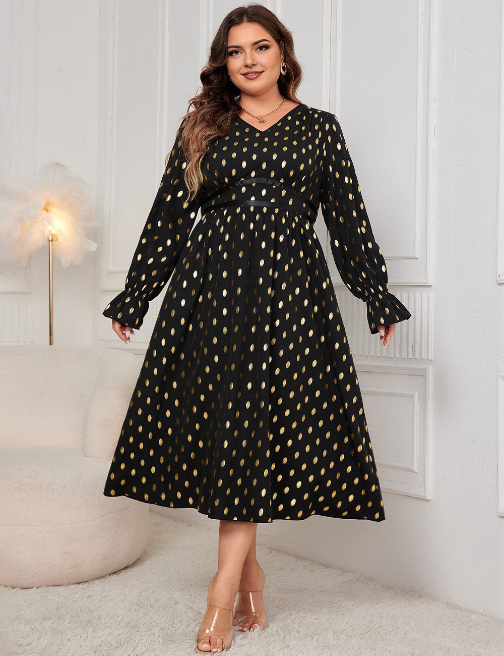 Women Plus Size Gold Dot Print Lantern Sleeve Dress