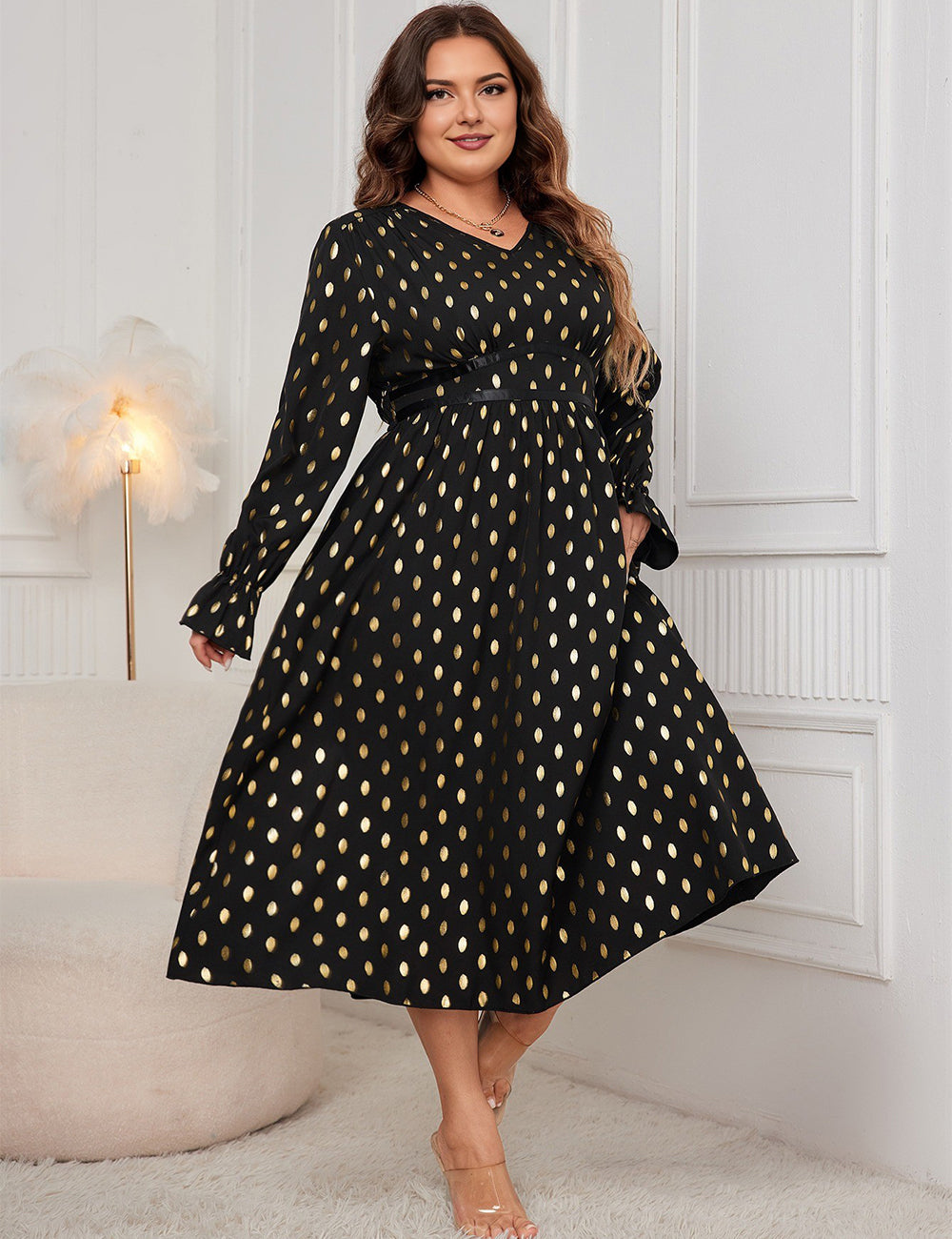 Women Plus Size Gold Dot Print Lantern Sleeve Dress