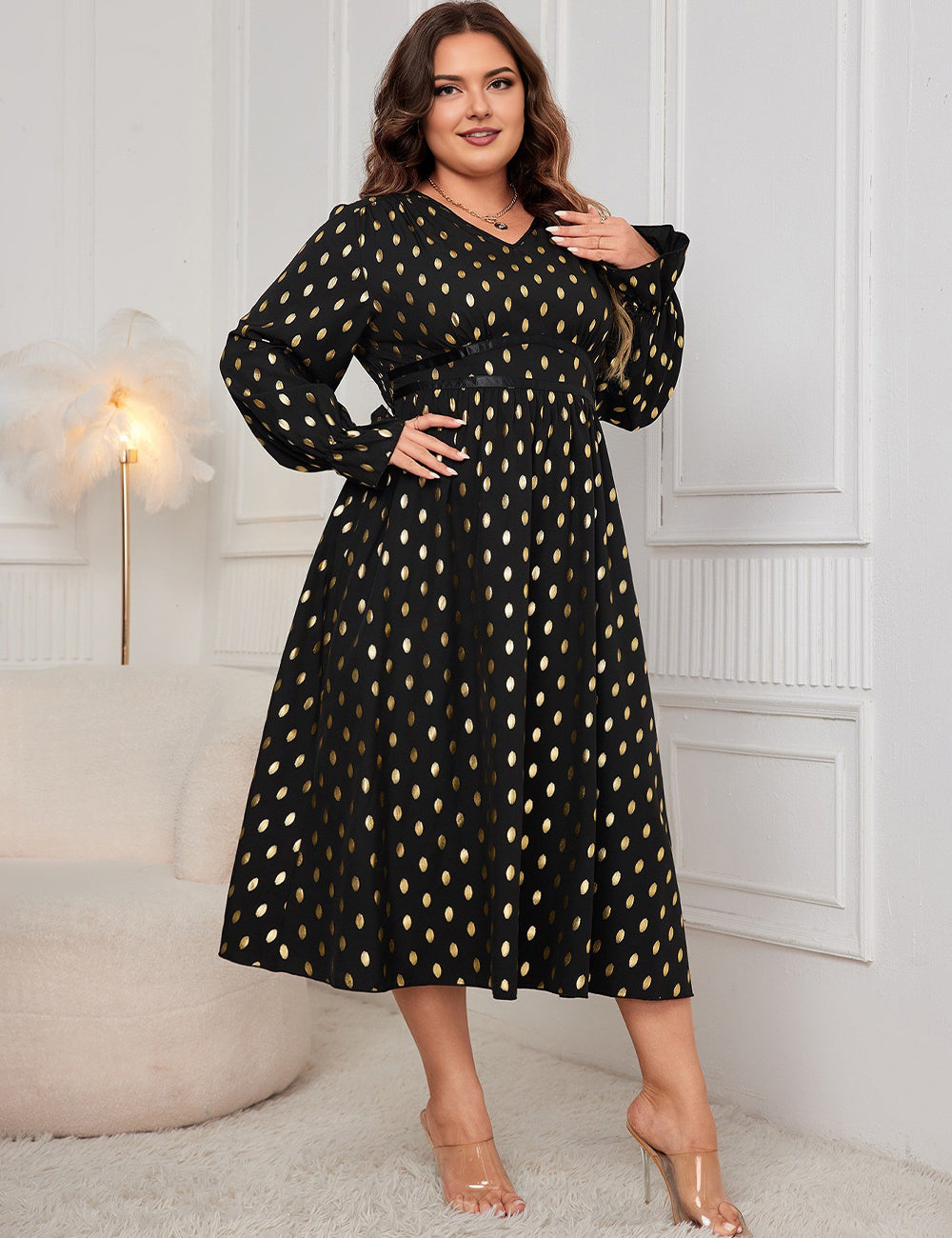 Women Plus Size Gold Dot Print Lantern Sleeve Dress