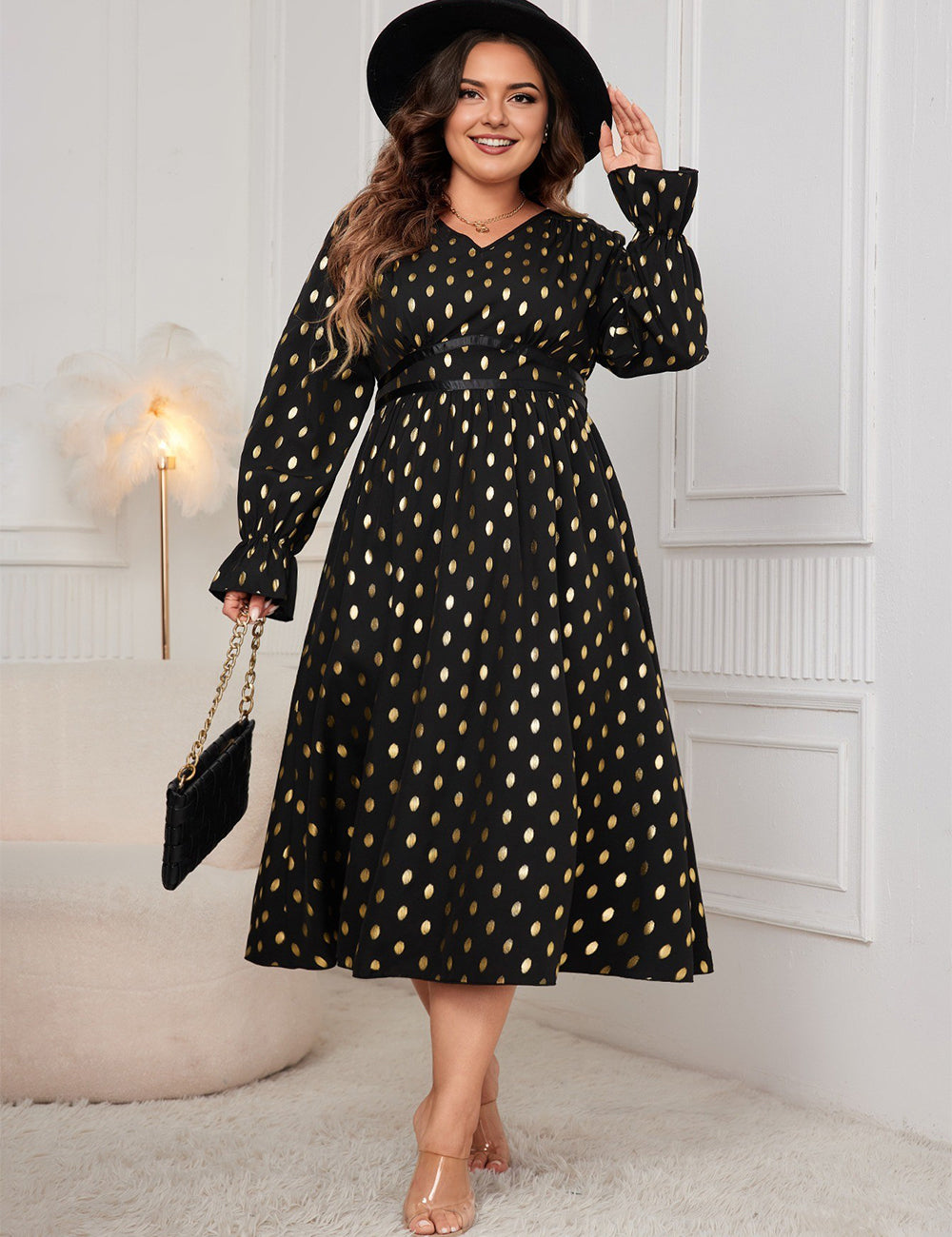 Women Plus Size Gold Dot Print Lantern Sleeve Dress