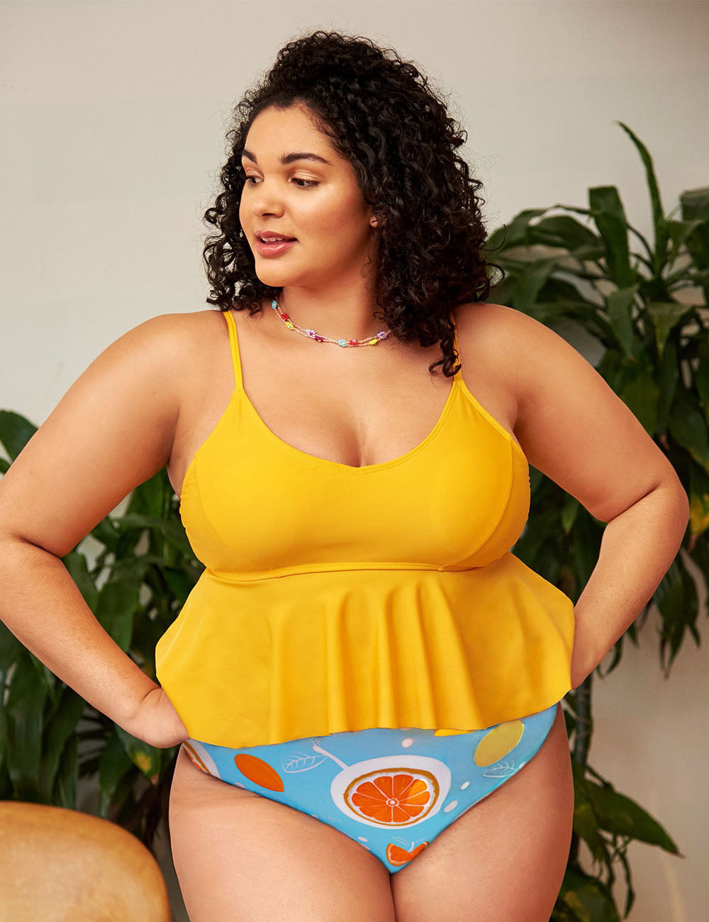 Women Plus Size Gold Print High Waist Tankini