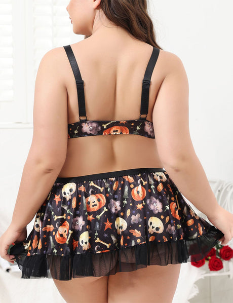 Women Plus Size Halloween Print Lingerie Set