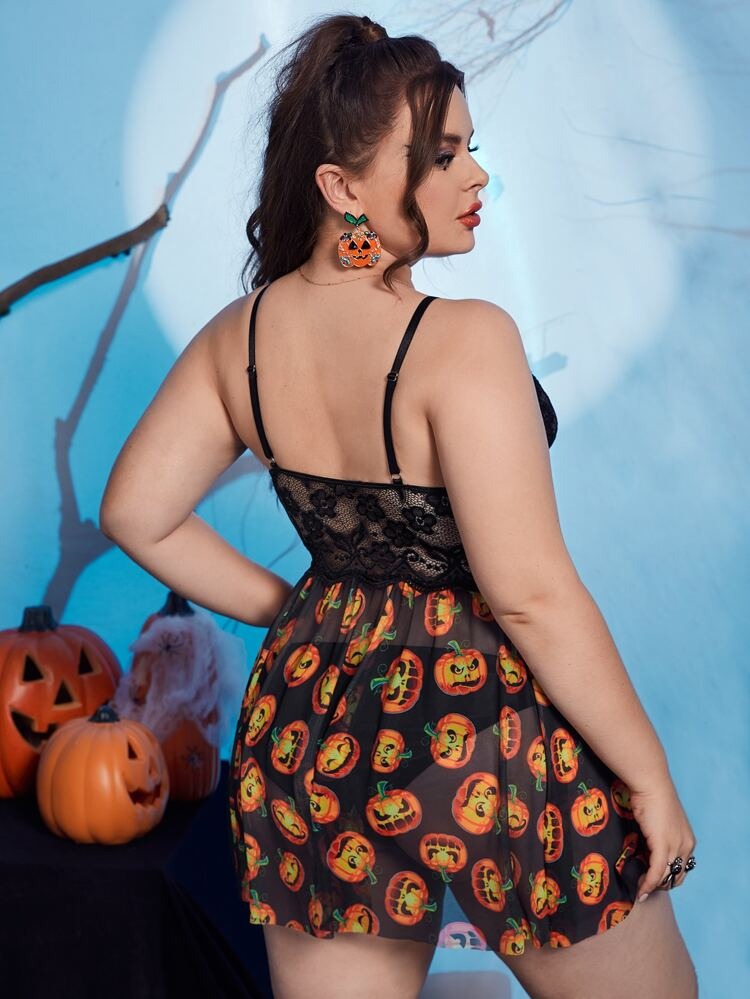 Women Plus Size Halloween Pumpkin Print Chemise with Side Slit
