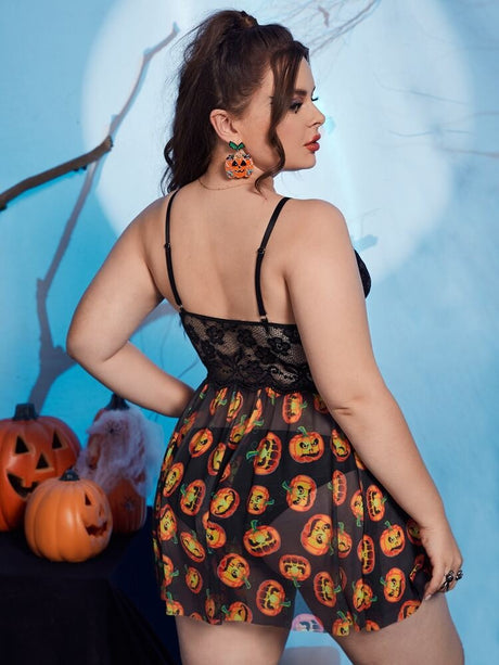 Women Plus Size Halloween Pumpkin Print Chemise with Side Slit