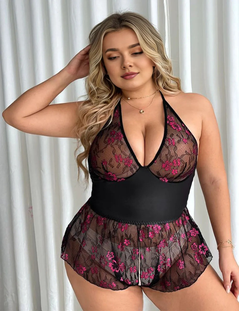 Women Plus Size Halter Neck Mesh Splicing Bodysuit-2