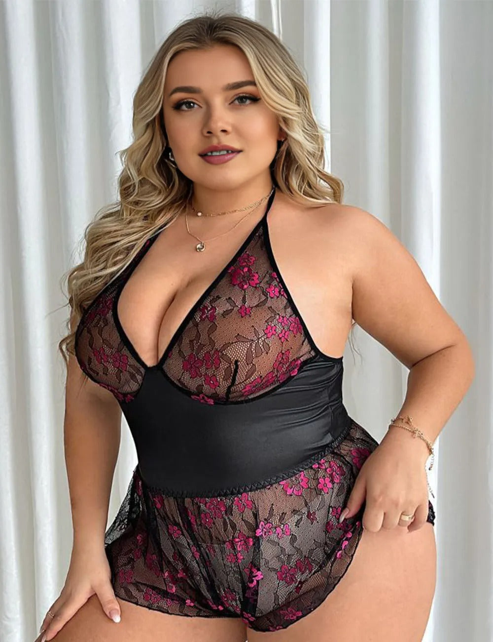 Women Plus Size Halter Neck Mesh Splicing Bodysuit-3