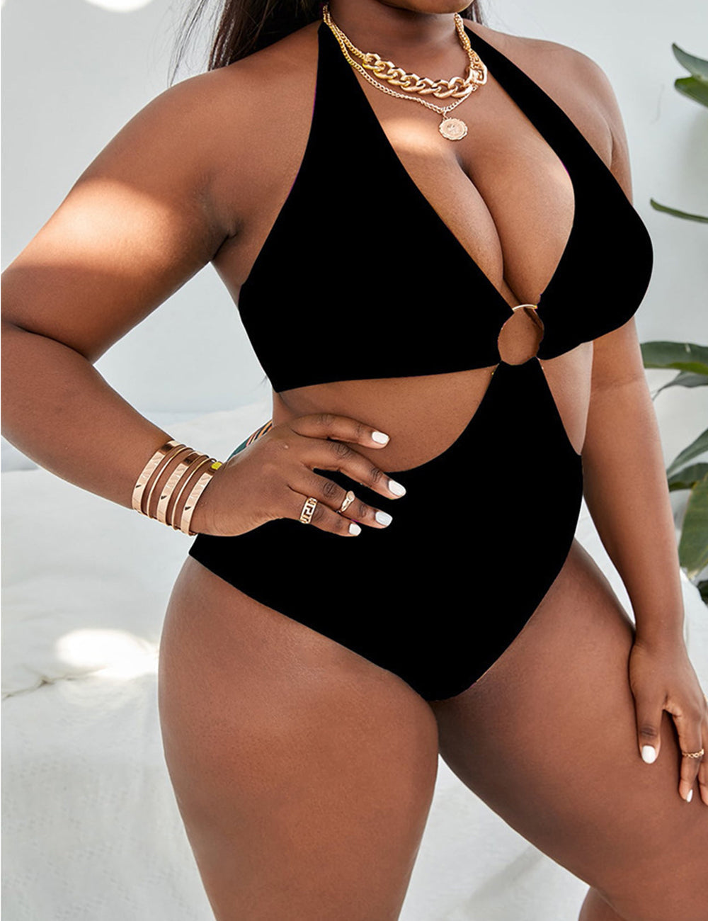 Women Plus Size Halter Neck Sexy One Piece Swimsuit-2
