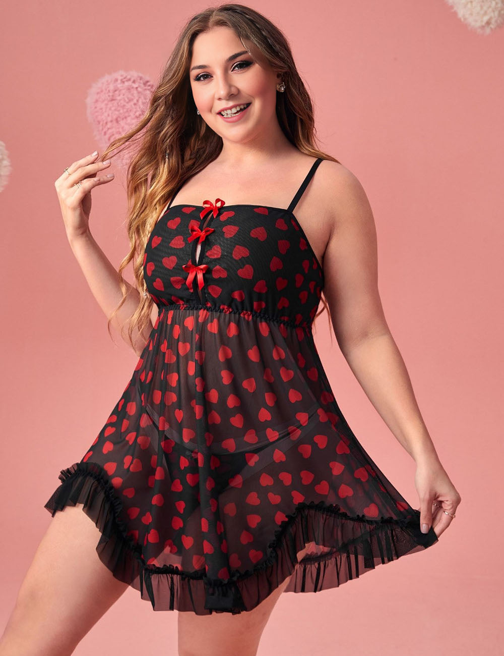 Women Plus Size Heart-Shaped Mesh Llace Suspender Babydoll-4