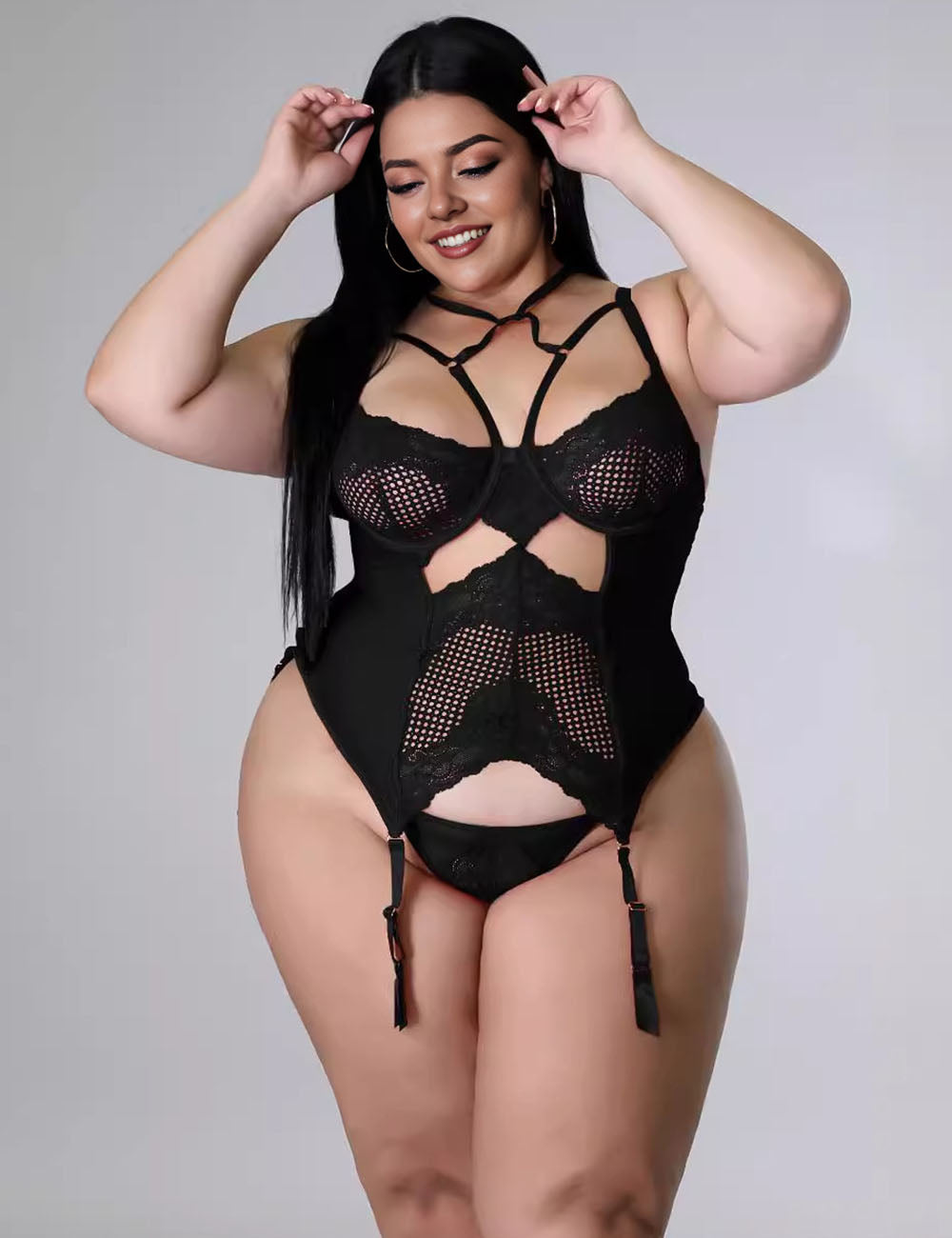Women Plus Size High Quality Black Sexy Lace Corset Babydoll-2