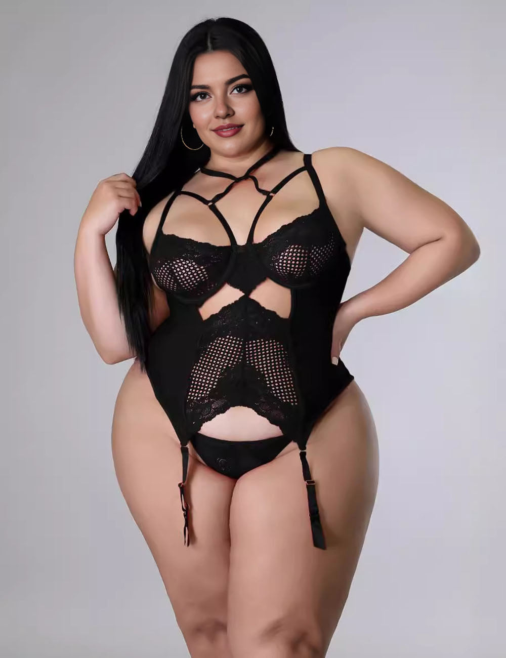 Women Plus Size High Quality Black Sexy Lace Corset Babydoll