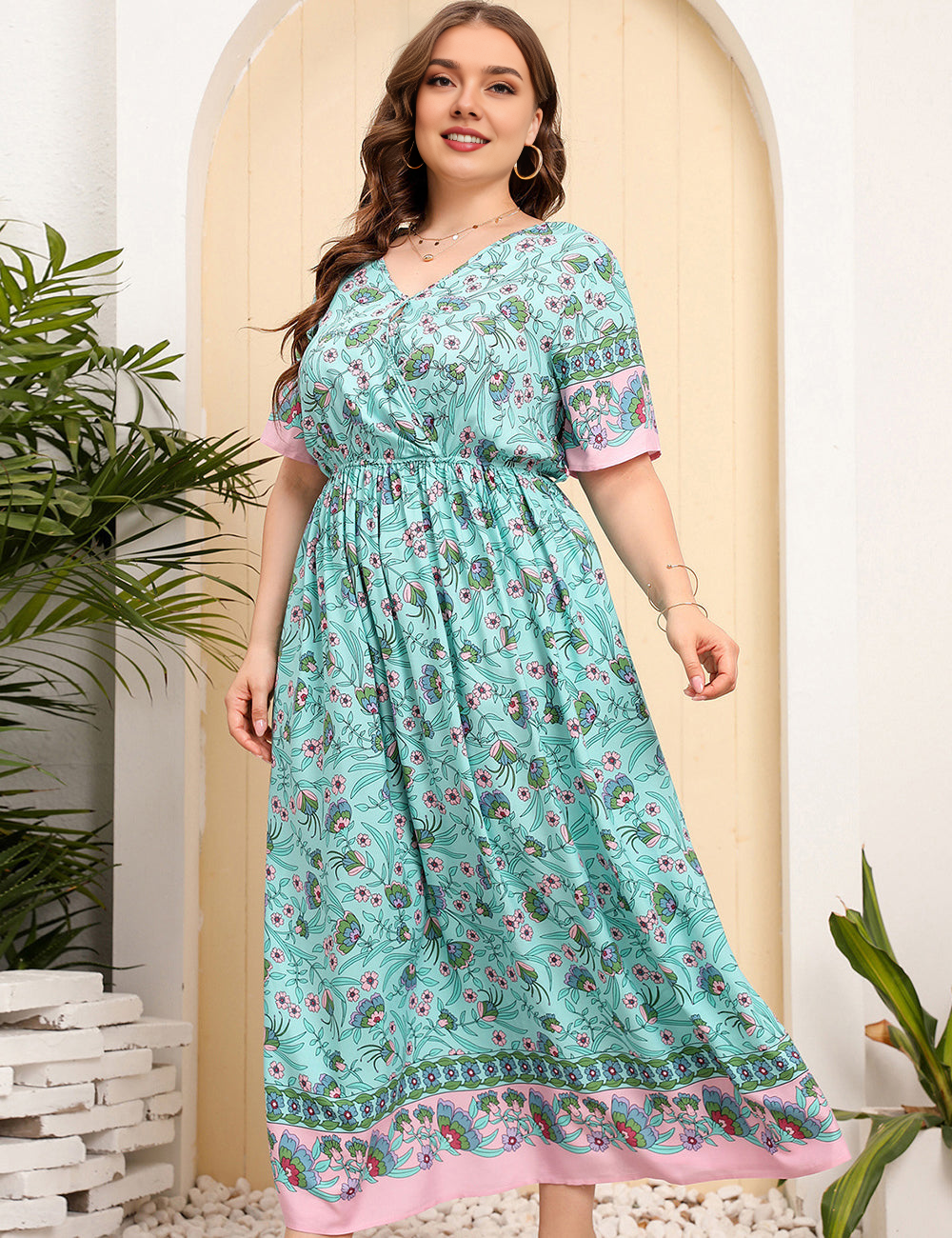 Women Plus Size Holiday Floral Short Sleeve Loose V Neck Dress-3