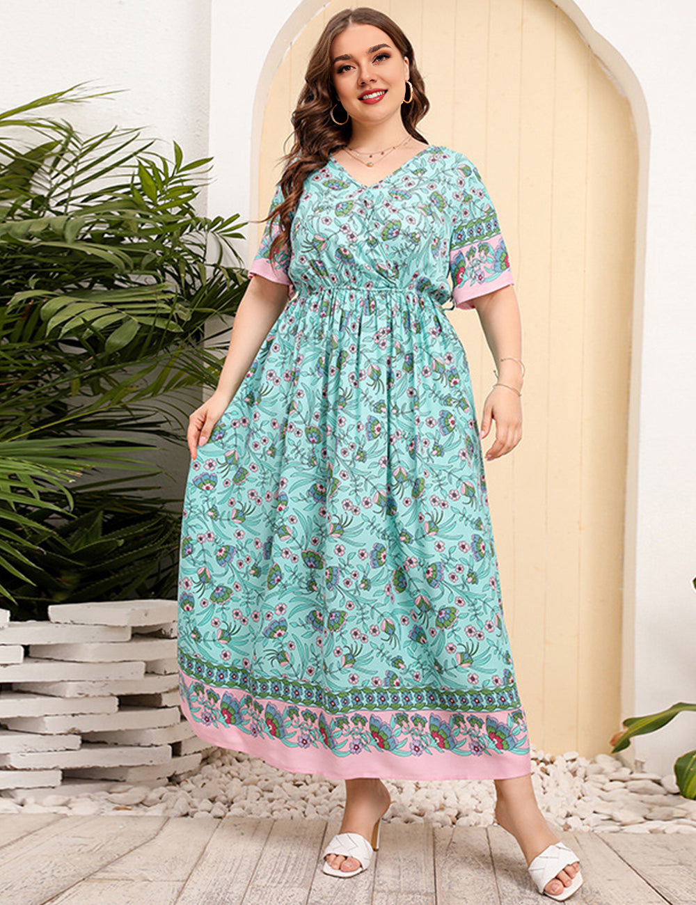 Women Plus Size Holiday Floral Short Sleeve Loose V Neck Dress-5