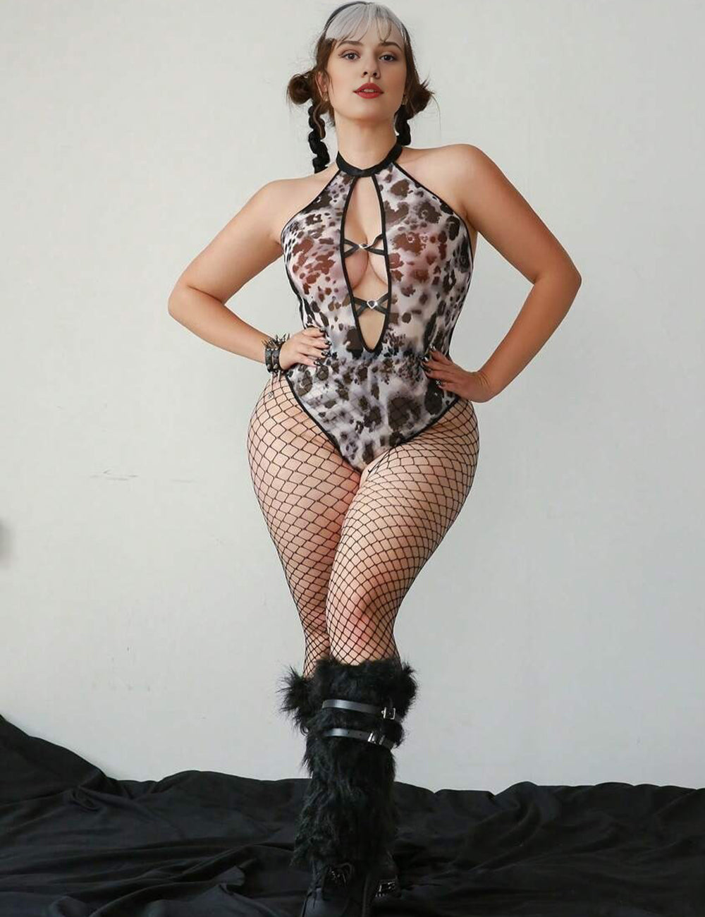 Women Plus Size Hollow-Out Backless Halter Bodysuit