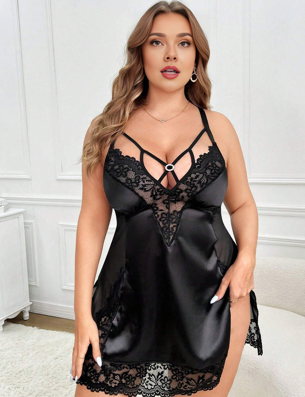 Women Plus Size Hollow Out Lace Plus Size Babydoll Dress | PRUSES
