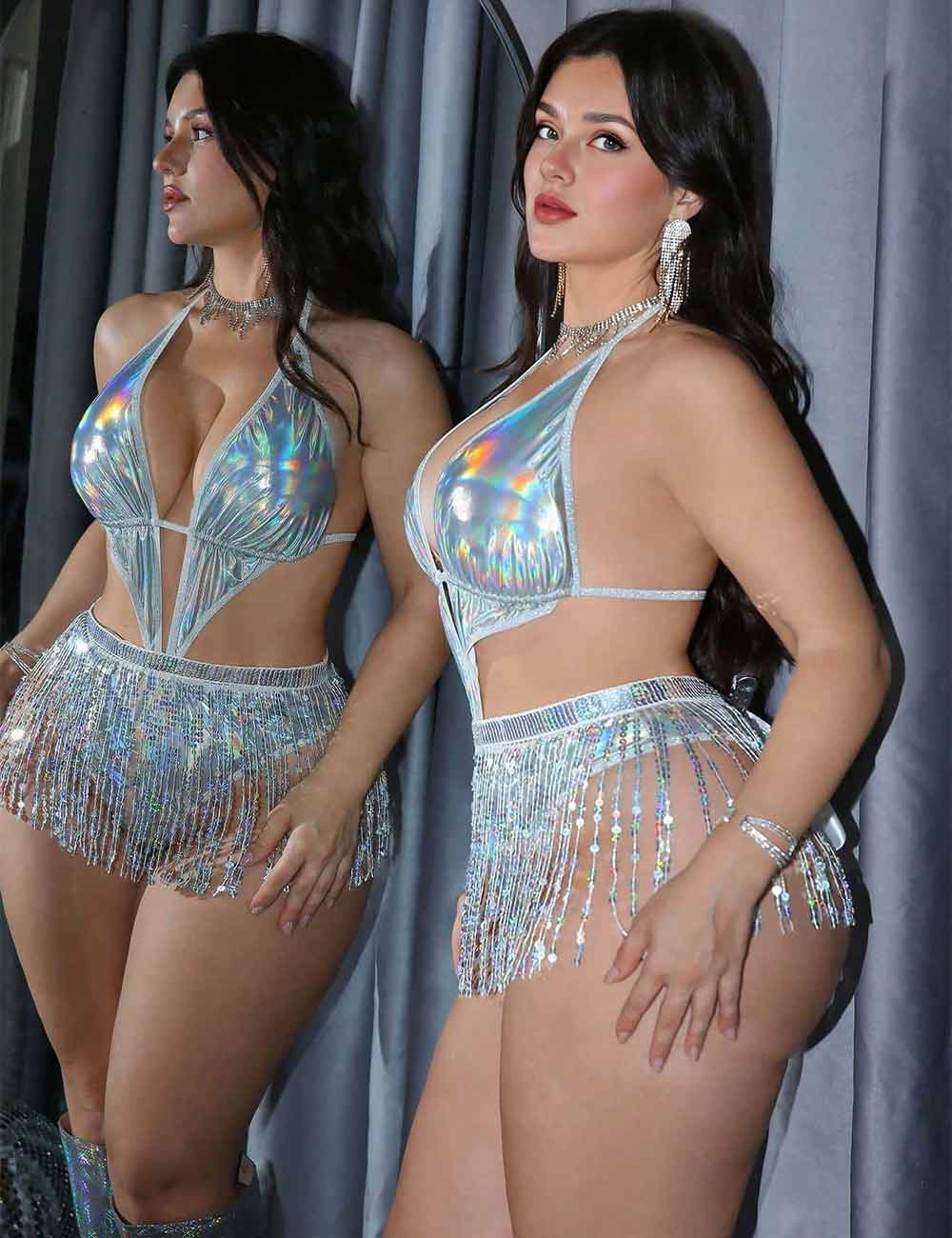 Women Plus Size Holographic Fringe Party Bodysuit