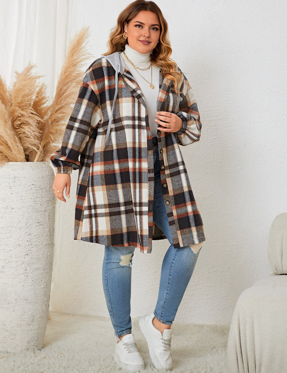 Women Plus Size Hooded Plaid Shacket Coat