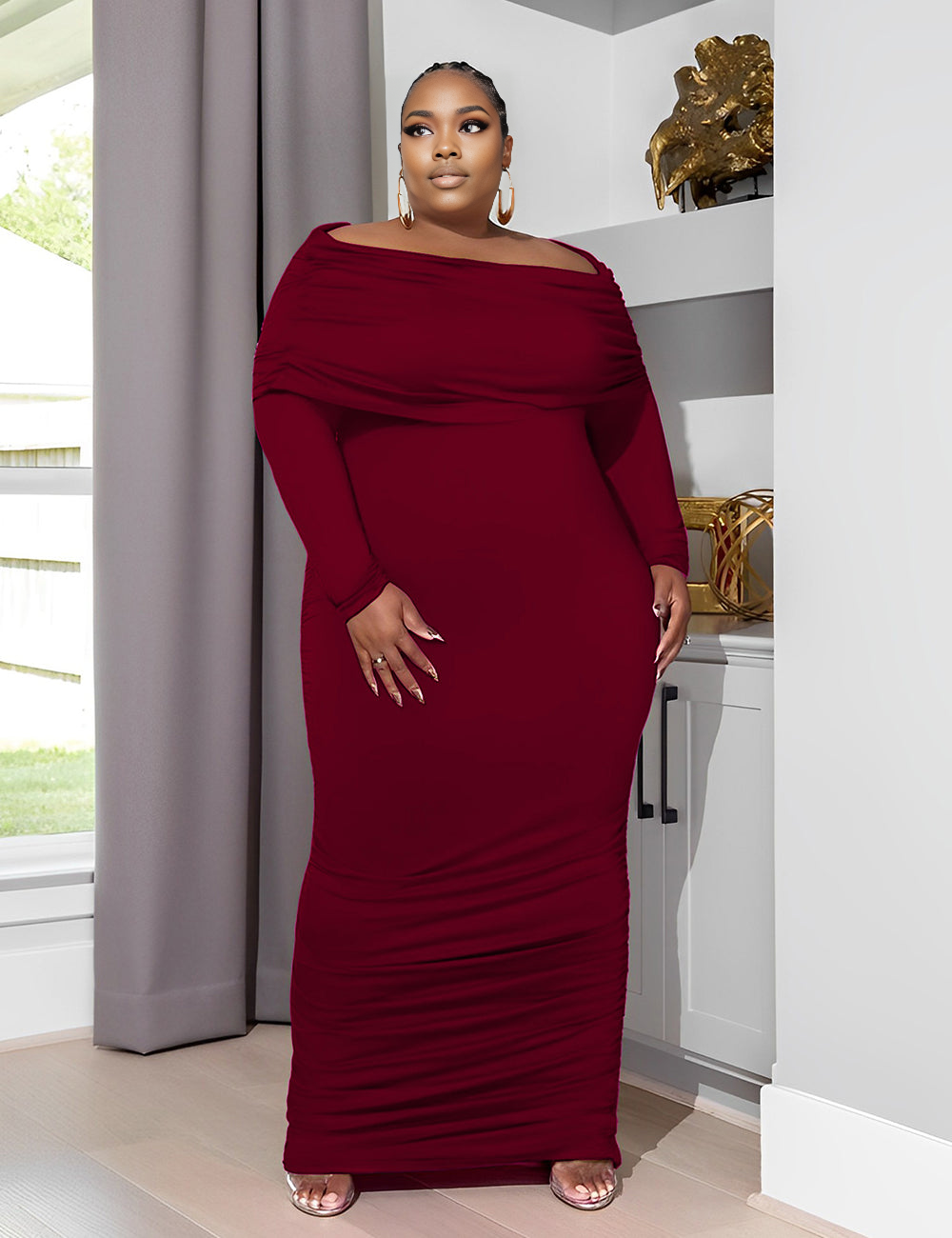 Women Plus Size Knit Neck Gathered Maxi Dress-4