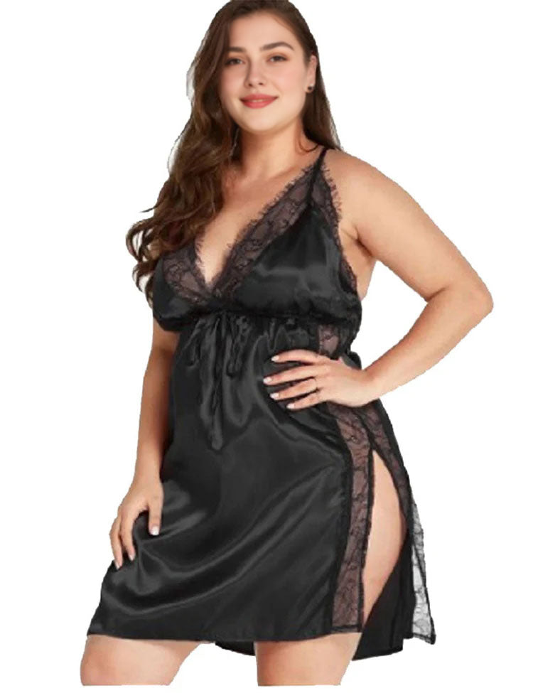 Women Plus Size Lace-Paneled V-Neck Satin Babydoll-2