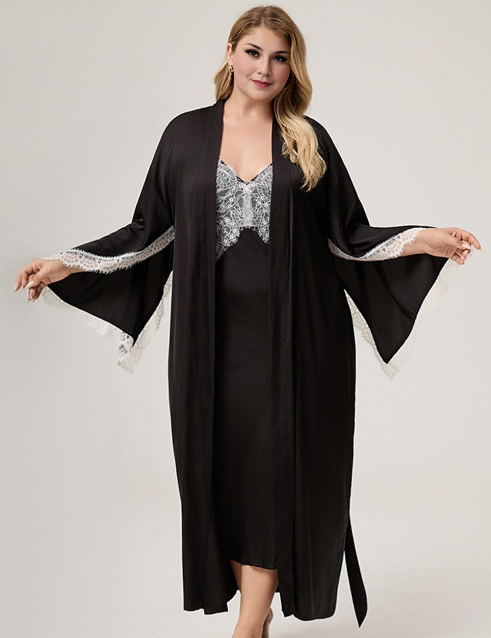 Women Plus Size Lace-Trim Black Satin Robe