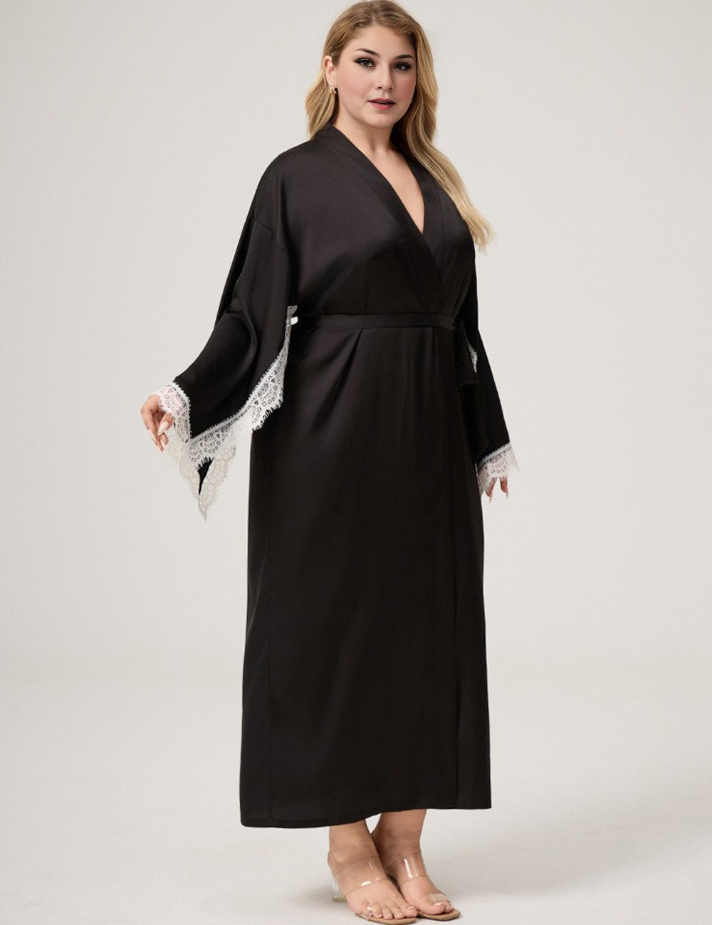 Women Plus Size Lace-Trim Black Satin Robe