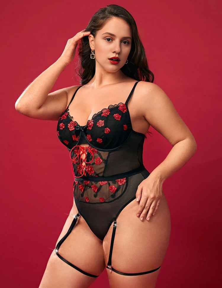 Women Plus Size Lace And Garter Bodysuit-2