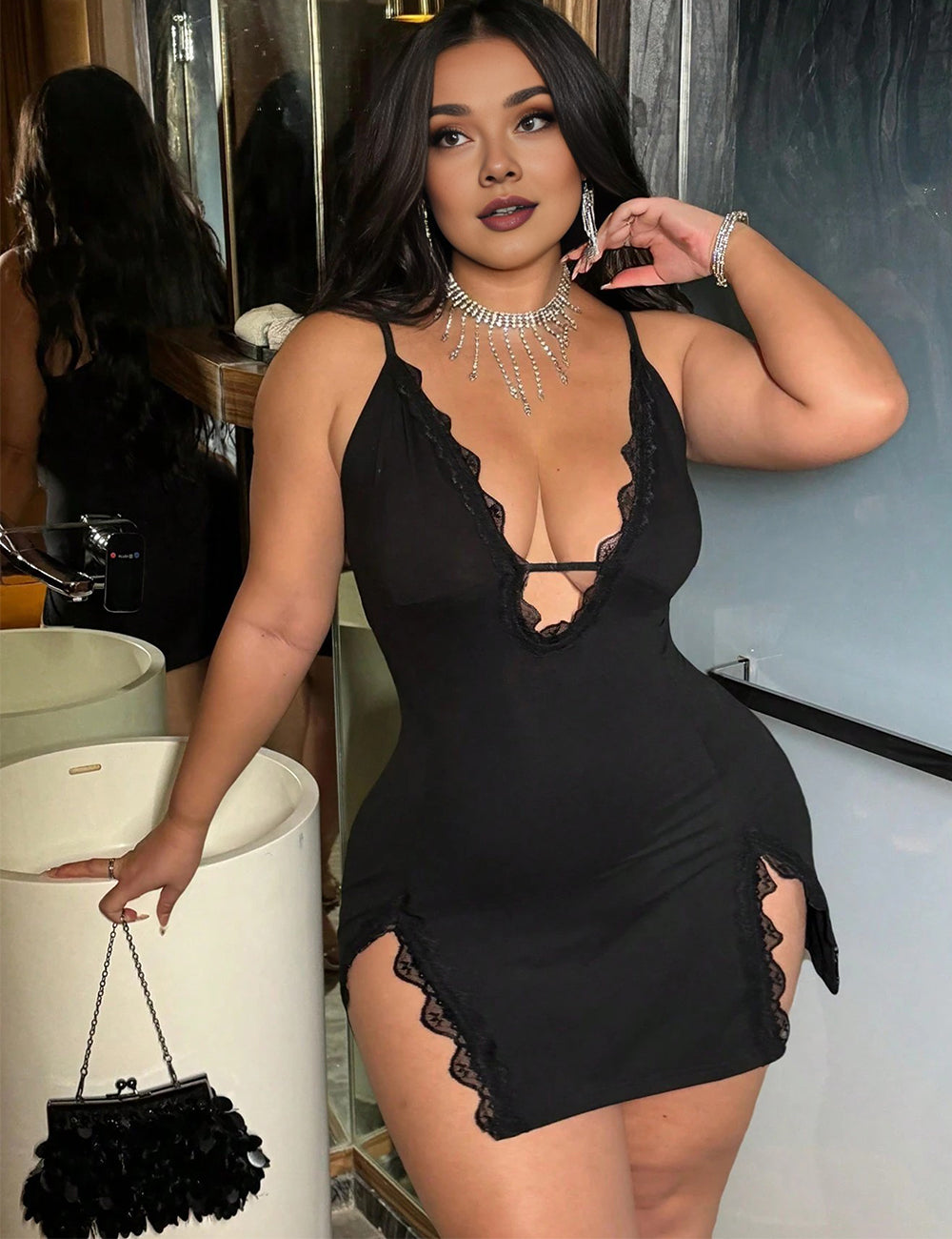 Women Plus Size Lace Double Slit Babydoll Nightgown