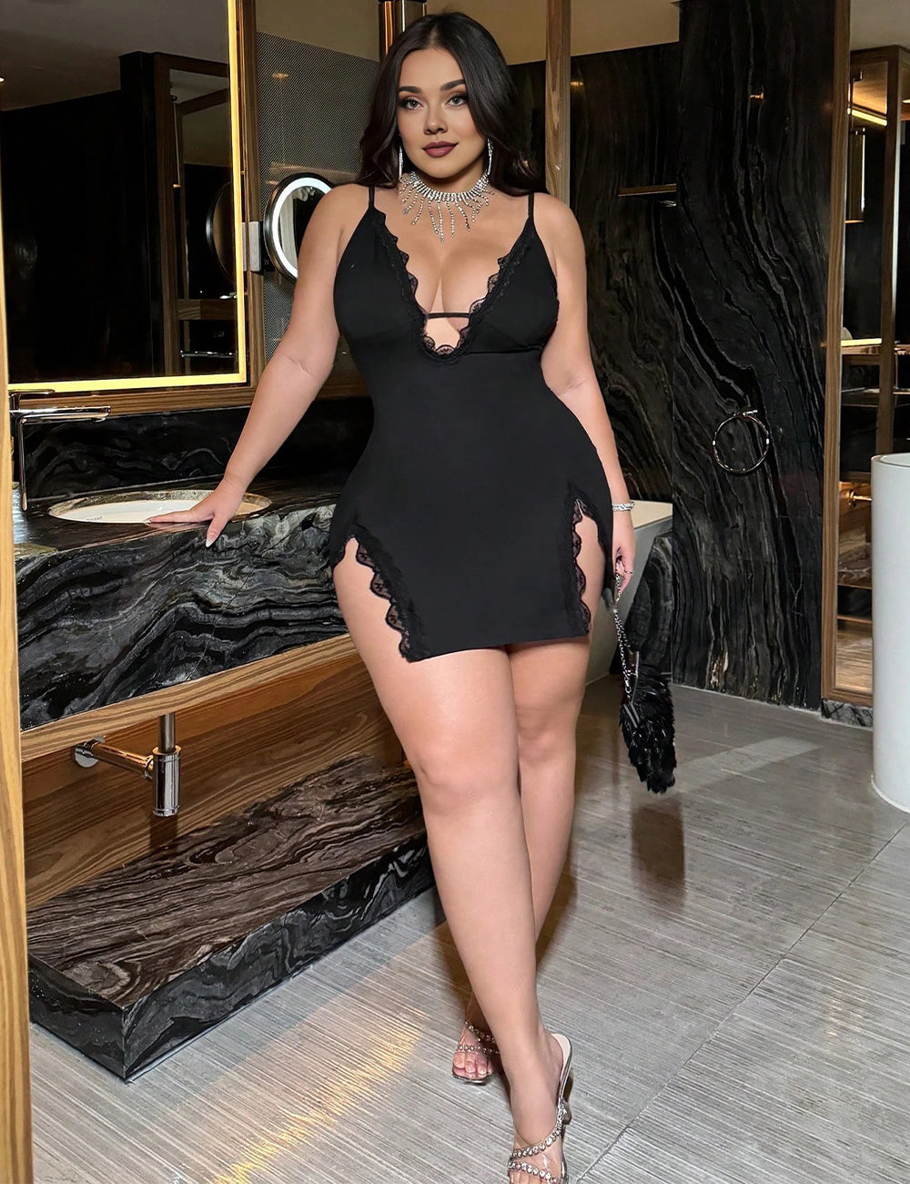 Women Plus Size Lace Double Slit Babydoll Nightgown