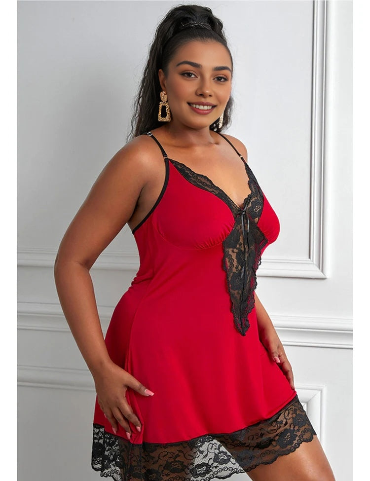 Women Plus Size Lace Modal Sleepwear V-Neck Full Slip Sleep Babydoll-3