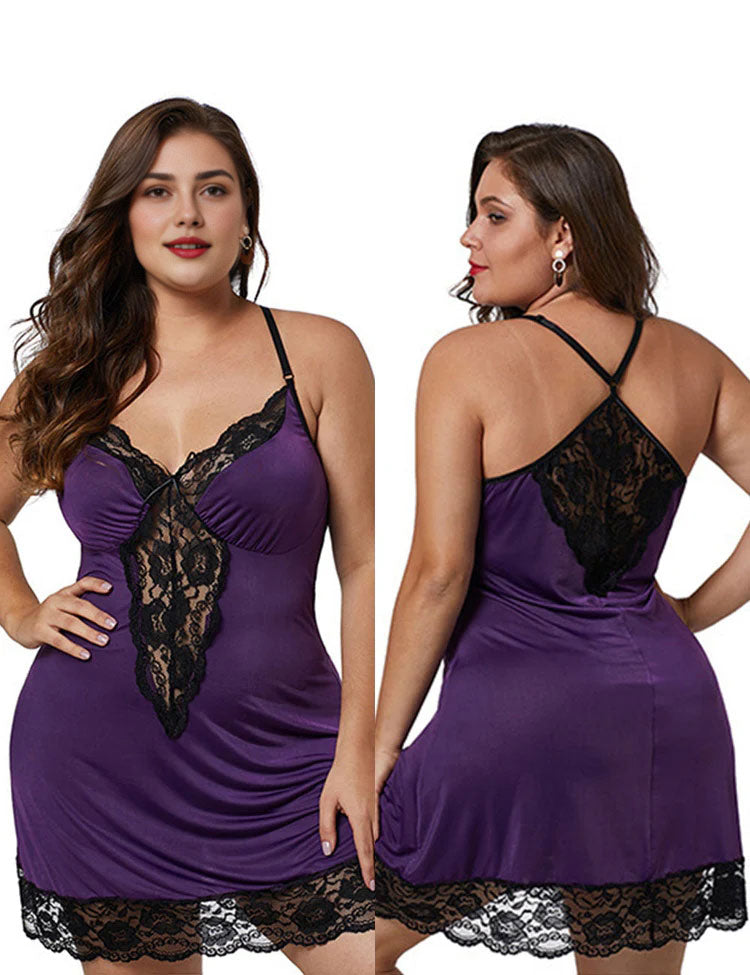 Women Plus Size Lace Modal Sleepwear V-Neck Full Slip Sleep Babydoll-5