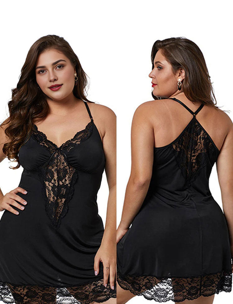 Women Plus Size Lace Modal Sleepwear V-Neck Full Slip Sleep Babydoll-6