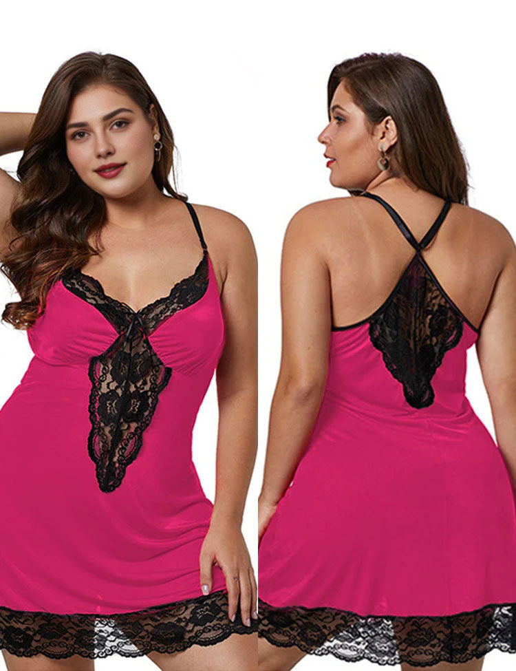 Women Plus Size Lace Modal Sleepwear V-Neck Full Slip Sleep Babydoll-9