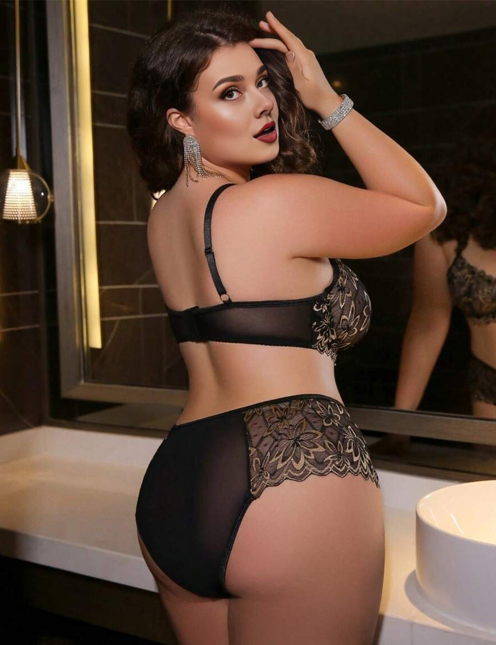 Women Plus Size Lace Patchwork Black Bra and Panty Sets